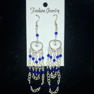 Silver and Blue Heart Dangle Earrings
